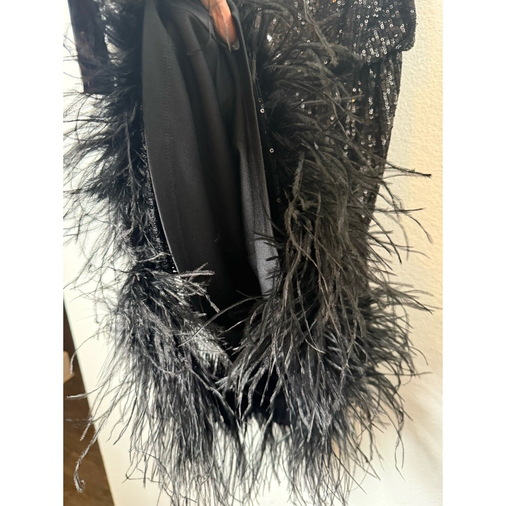 Eliza J Black Sequined Feathered Zippered Sleeveless Halter‎ Dress Size 8 Party - Picture 5 of 9